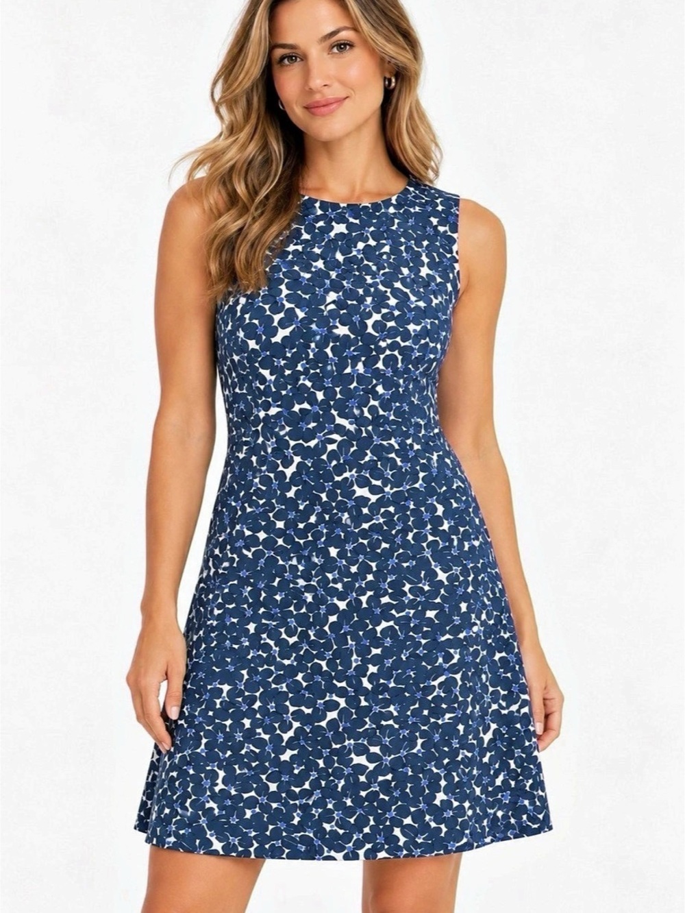 Mahi Gold Navy Hydrangea Floral Sleeveless Stretch Dress Large